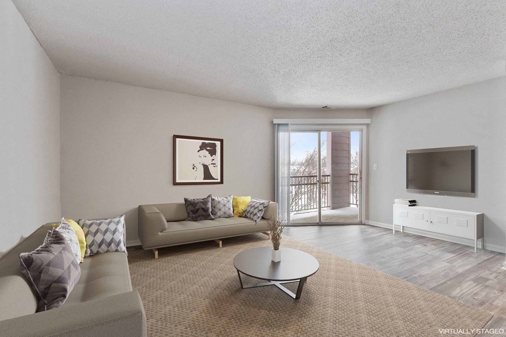 A living room with a grey couch, a coffee table, and a television.