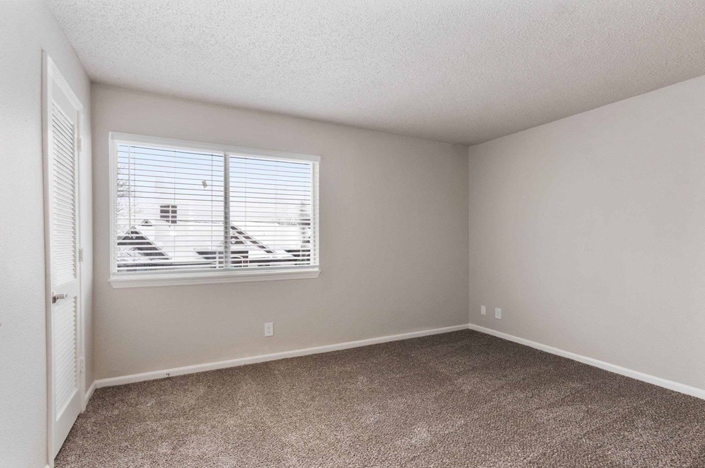A room with a window and carpeted floor.