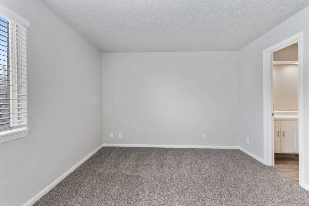 A room with a carpeted floor and a doorway leading to another room.