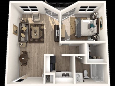 A 3D rendered image of a small, modern apartment.