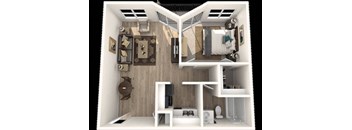 A 3D rendered image of a small, modern apartment.