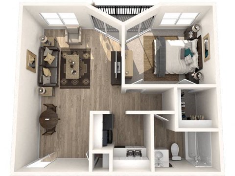 A 3D rendered image of a small apartment with a bedroom, living room, and kitchen.