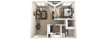 A 3D rendered image of a small apartment with a bedroom, living room, and kitchen.