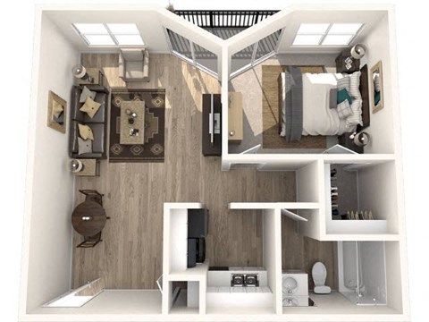 A 3D rendered image of a small apartment with a bedroom, living room, and kitchen.