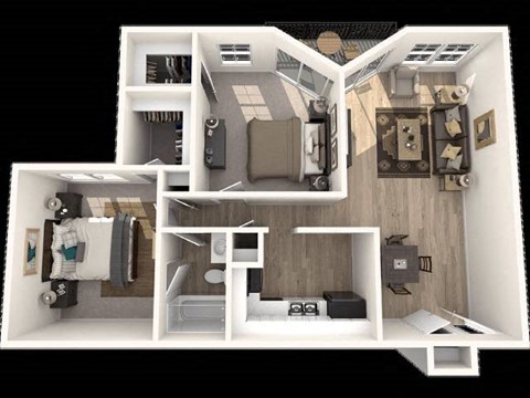 A 3D rendered image of a small apartment layout.