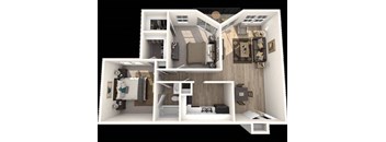 A 3D rendered image of a small apartment layout.