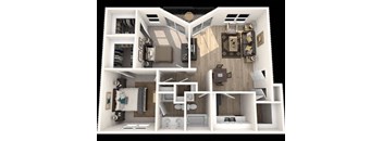 A 3D floor plan of a house with a kitchen, living room, and two bedrooms.