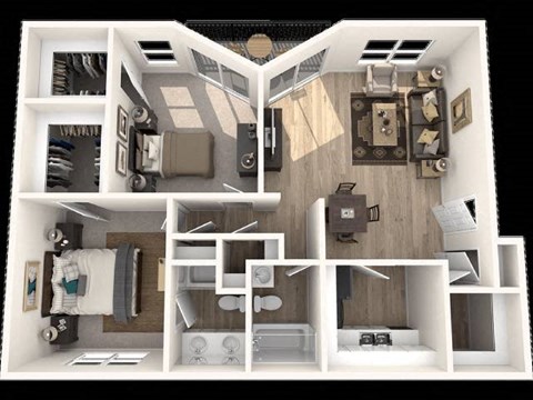 A 3D floor plan of a house with a kitchen, living room, and bathroom.