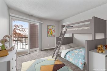 A child's bedroom with a bunk bed and a ladder.