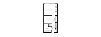 A floor plan of a small apartment with a living space, bedroom, bathroom, and office.