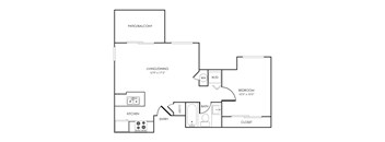 One bedroom 1 bathroom floorplan with balcony at Rosemeade Apartments, California