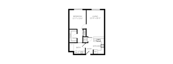 A black and white image of a floor plan for a bedroom and living room.