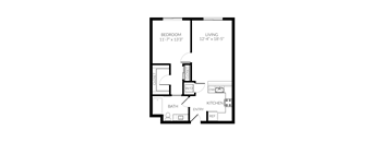 A black and white image of a floor plan for a small apartment.