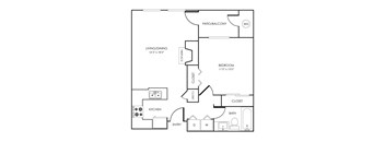 1 bed 1 bathroom floorplan with balcony at Rosemeade Apartments, Roseville, CA