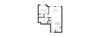 A black and white image of a floor plan for a small apartment.