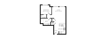 A black and white image of a floor plan for a small apartment.