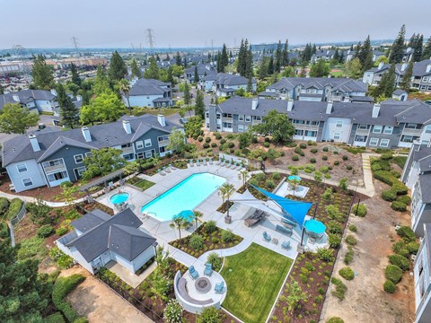 Aerial view of resort style pool and amenities at Rosemeade Apartments, Roseville, CA