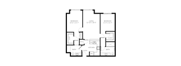 A black and white image of a house floor plan with three bedrooms, a living room, a kitchen, two bathrooms, an entry, a dining room, and a laundry area.