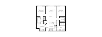 A black and white image of a floor plan for a home with three bedrooms, a living room, a dining room, a kitchen, a bathroom, a wood stove, and a wood-burning stove.