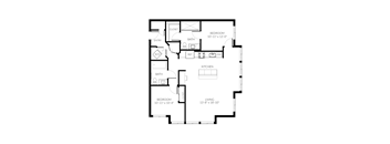 A black and white image of a floor plan for a small apartment.