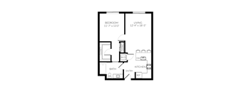 A floor plan of a small apartment with a bedroom, living room, kitchen, bathroom, and a closet.