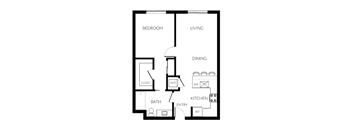 A black and white image of a floor plan for a small apartment.