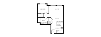 A black and white floor plan of a small apartment with a bedroom, living room, dining room, kitchen, bathroom, and laundry area.