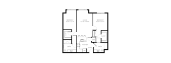 A floor plan of a house with three bedrooms, a living room, a kitchen, a bathroom, and a closet.