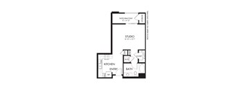A floor plan of a home with a kitchen, bathroom, and studio.
