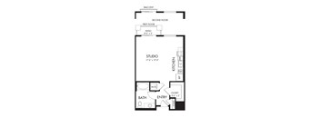 A floor plan of a house with a balcony, two floors, a studio, a bathroom, an entry, a kitchen, and a patio.