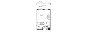A floor plan of a house with a bathroom, kitchen, and two bedrooms.