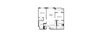 A black and white image of a house floor plan with two bedrooms, a living/dining area, a kitchen, two bathrooms, and a storage area.