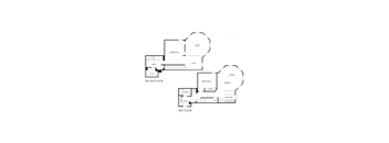 A black and white diagram of a house layout with two bedrooms, a living room, a dining room, a kitchen, a bathroom, a closet, a loft, and an entry.