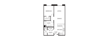 A floor plan of a small apartment with a bedroom, living room, kitchen, and bathroom.