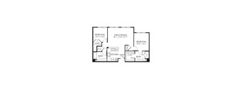 A floor plan of a home with two bedrooms, a living/dining area, a kitchen, and two bathrooms.