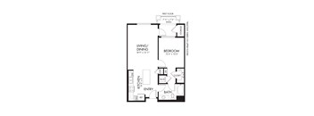 A black and white image of a floor plan for a small apartment.