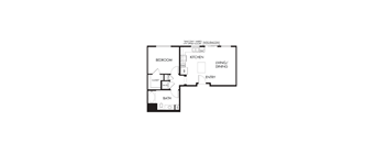 A floor plan of a small apartment with a bedroom, kitchen, living room, and bathroom.