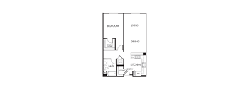 A floor plan of a house with a bedroom, living room, dining room, kitchen, bathroom, pantry, and walk-in closet.