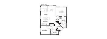 A black and white floor plan of a house with a living room, dining room, kitchen, and two bedrooms.