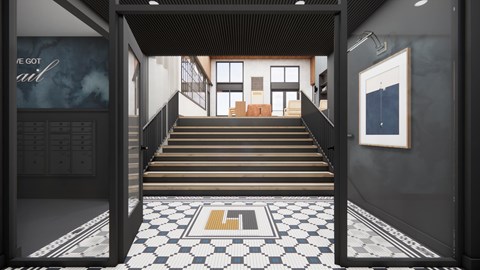 A hallway with a black and white checkered floor leads to a room with a couch and a painting.