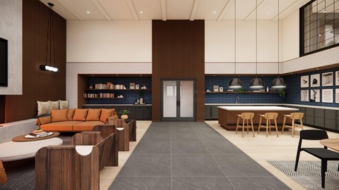A modern living room with a long wooden table and chairs.