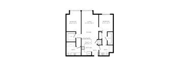 A black and white image of a house floor plan with three bedrooms, a living room, a dining room, a kitchen, two bathrooms, and a closet.