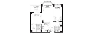 A black and white image of a house floor plan with a living room, dining room, two bedrooms, a bathroom, a foyer, and a walk-in closet.