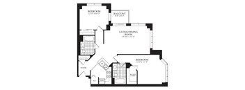A black and white image of a house floor plan with a balcony, living/dining room, and two bedrooms.