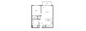 A floor plan of a small apartment with a bedroom, living room, and kitchen.