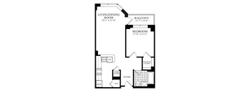 A black and white image of a floor plan for a living/dining room, balcony, and bedroom.