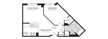 A black and white image of a house floor plan with a living room, dining room, and bedroom.
