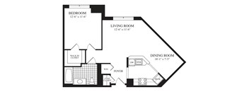 A floor plan of a home with a bedroom, living room, dining room, and a foyer.
