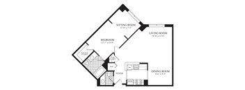 A black and white image of a floor plan for a house with a living room, dining room, bedroom, and bathroom.