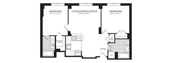 A black and white image of a floor plan for a home with three bedrooms, a living/dining room, a foyer, and a walk-in closet.